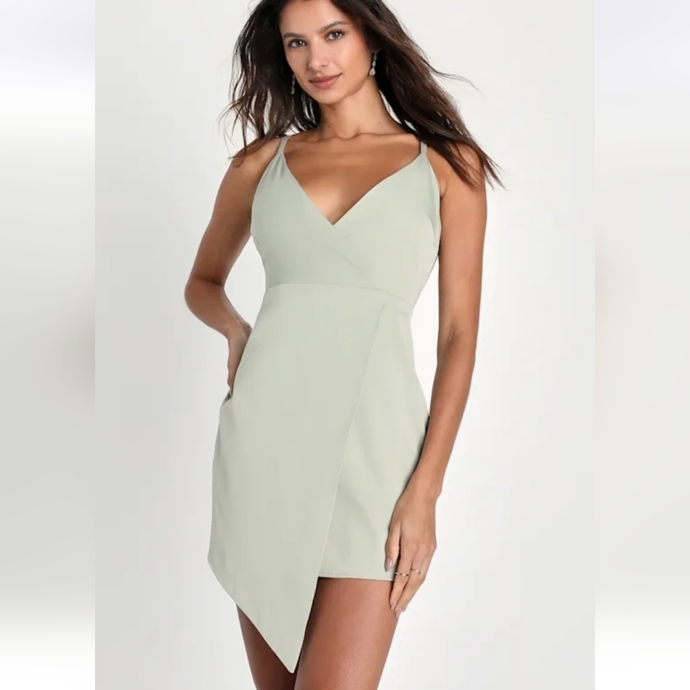 NWT Lulu's Asymmetrical Sage Green Satin Mini Dress Size Medium